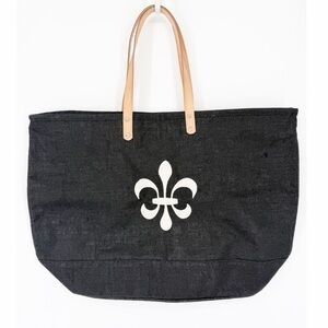 Ballard Black Fleur de Lis Large Jute Tote Zipper Close